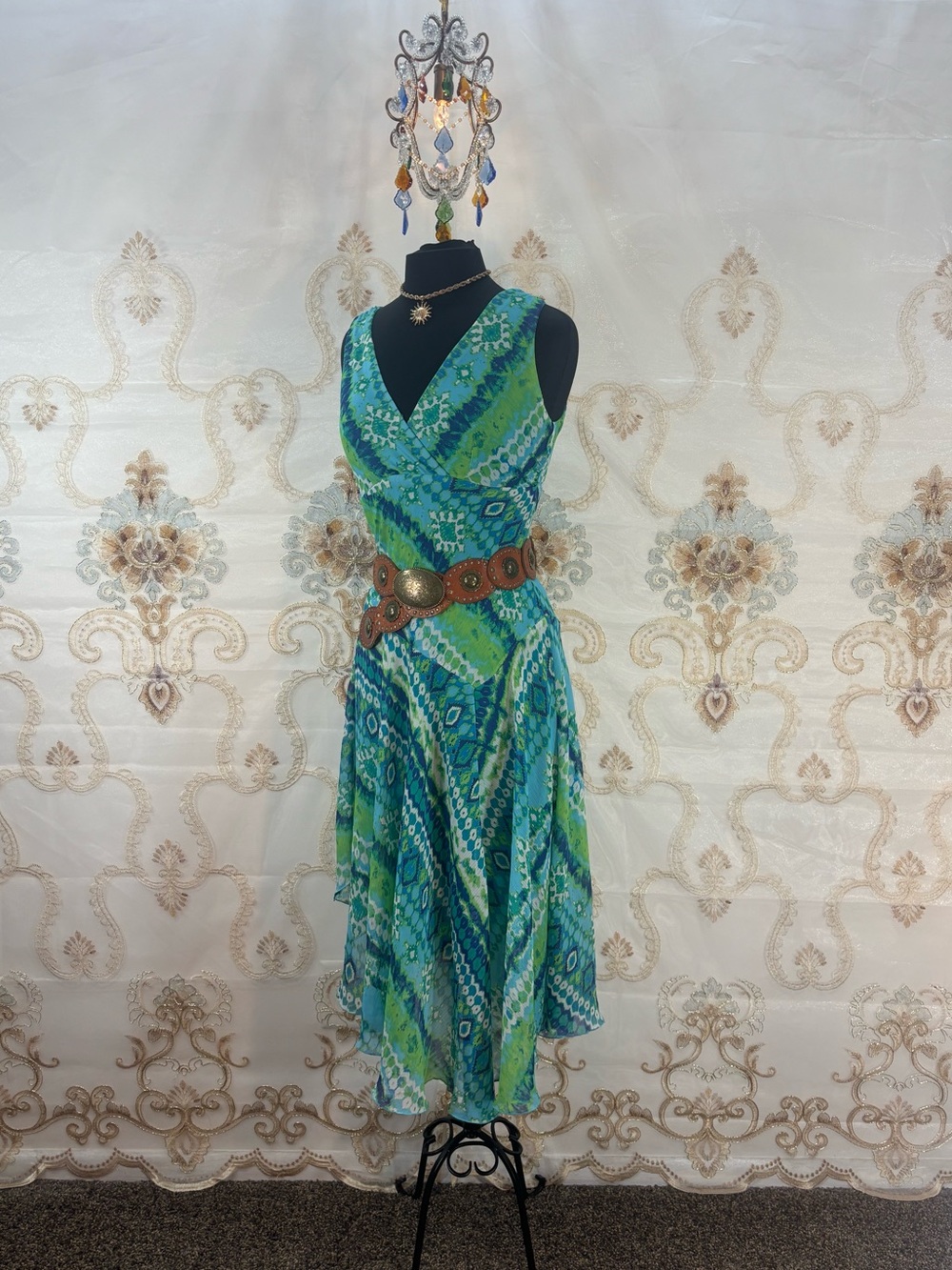 ✨Vintage Y2K Bohemian Blue & Green Asymmetrical Ruffled Midi Dress✨